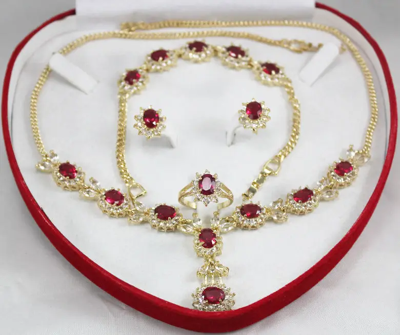 

hot sell new New Design Charming Red Zircon Necklace Earing Bracelet SetAAA 18K GP Plated gold Bridal wide watch wings queen