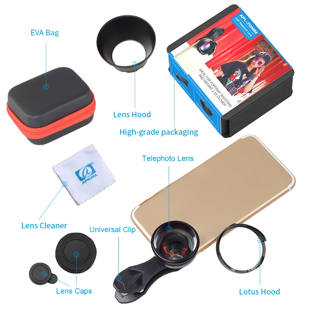 Портретная линза APEXEL 2.5X HD Telephoto 70 мм Pro камера для телефона iPhone Samsung HTC LG Xiaomi