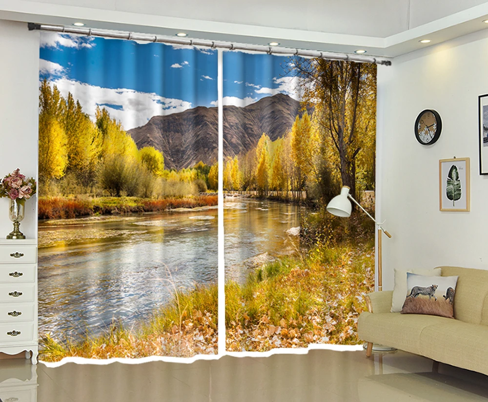 Green tree creek under blue sky 3d Digital Printing Stereo Cutoff Curtains High Precision Black Silk | Дом и сад