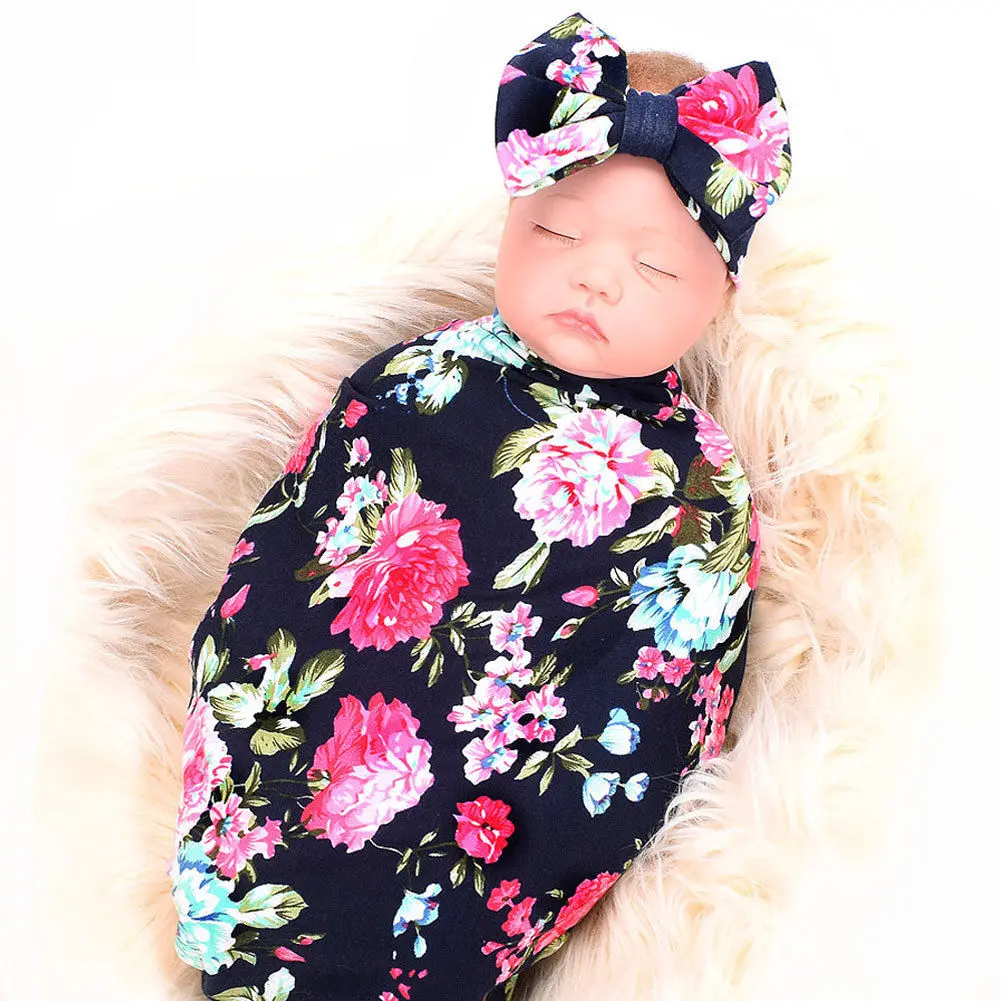 Pudcoco Newborn Baby Girl Receiving Swaddle Blanket Set Headband Bow Flowers Floral Cute - Цвет: Blanket 1