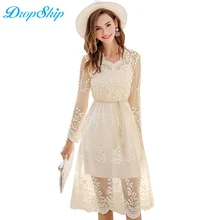 Dropship Elegante V Neck Lace Vestido de Malha De Manga Comprida Plissada Bordado Midi Vestidos Mulheres Outono Inverno Workwear Vestido Vestidos