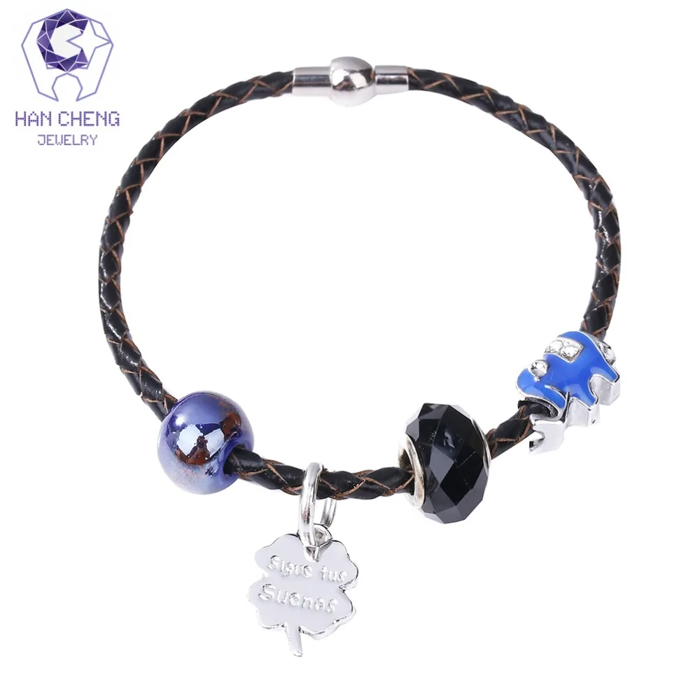 

HanCheng New Boho Magnet Leather Rope Charm Bracelet Rhinestone Crystal Glass Beads Bracelets & Bangles for Women Jewelry Silver