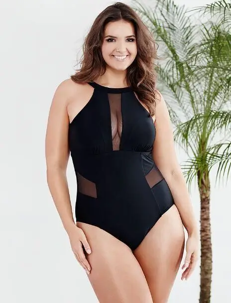 

2017 Sexy Black Swimsuit Mesh Crocket One Piece Swimwear Plus Size Bathing Suit Push Up Halter Swimming Suit For Women Beachwear
