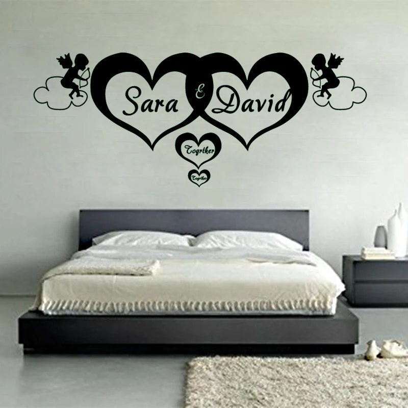 GA07 индивидуальные сердечки с именами навсегда виниловые наклейки на стену переводная картинка с ангелом Фреска для детской комнаты спальни домашний декор