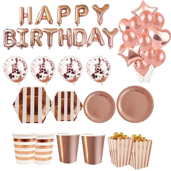 

Cyuan Rose Gold Party Disposable Tableware Set Striped Champagne Birthday Paper Plate Cup Birthday Party Decoration Adult Ballon