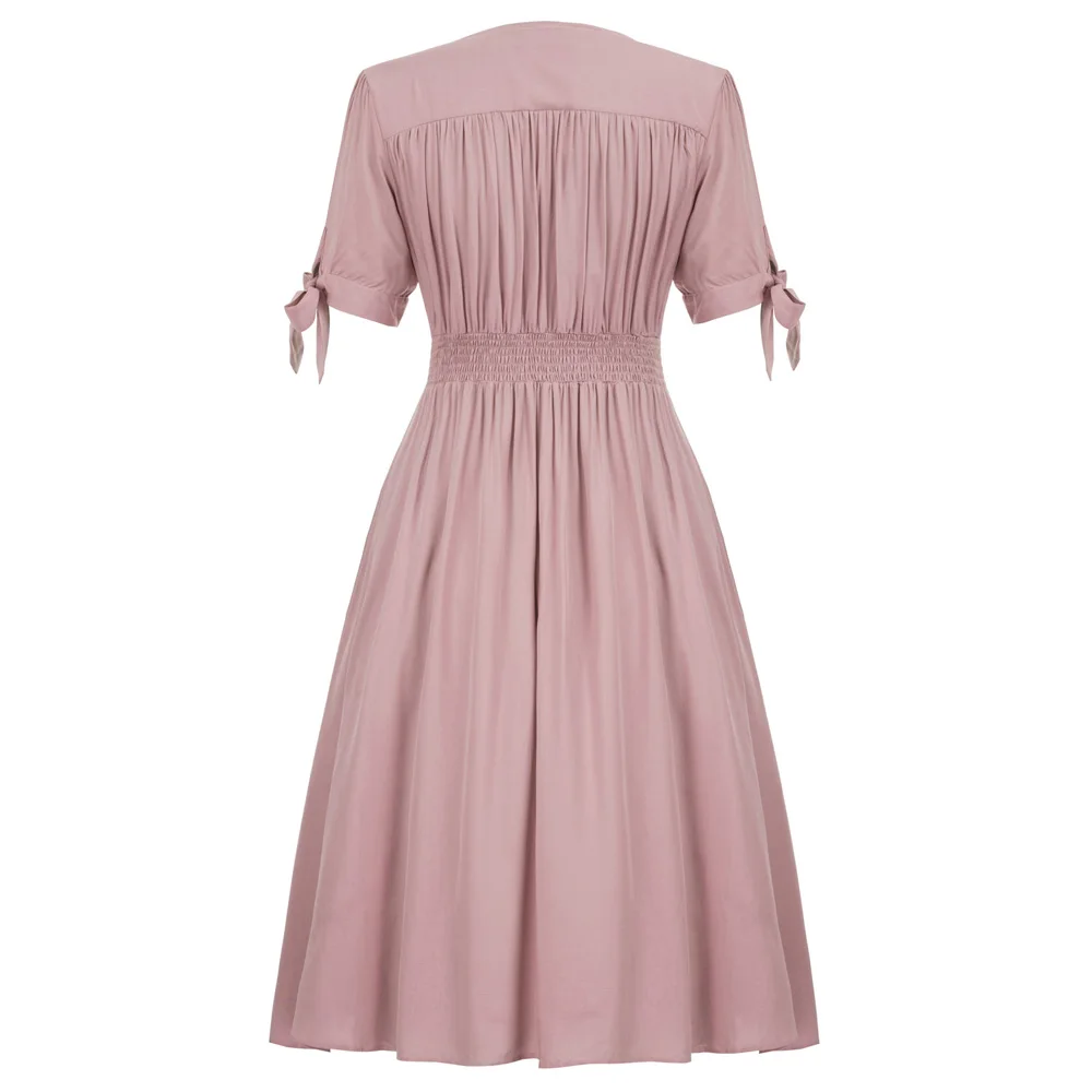 Women retro Dress Short Sleeve V-Neck Button Placket Cotton dresses summer ladies solid color ruched swing A-Line dress elegant