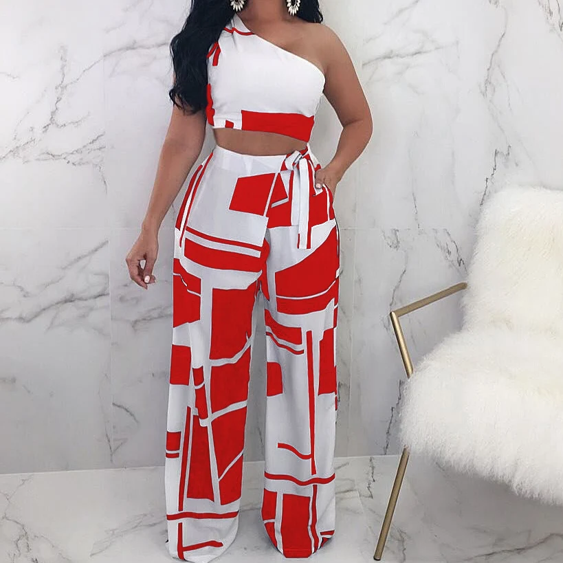 

Boho Beach 2 Piece Set Rompers Womens Jumpsuit Bandage Print Geometric Femme Overalls Wide Leg Red Summer Jumpsuit for Female