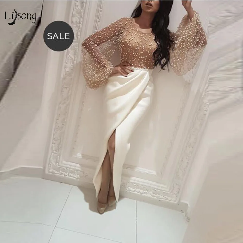 

Abiye Pearls Mermaid Evening Dresses Illusion Tutu Full Flare Sleeves Sexy Long Evening Gowns High Collar Split Formal Dress