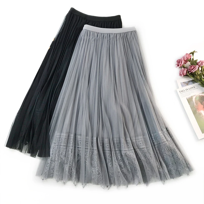 Elegant Women Skirts 2020 New Spring High Waist Slimming Long Pleated Skirt Floral Lace Patchwork Midi Skirt Saias Faldas Jupe