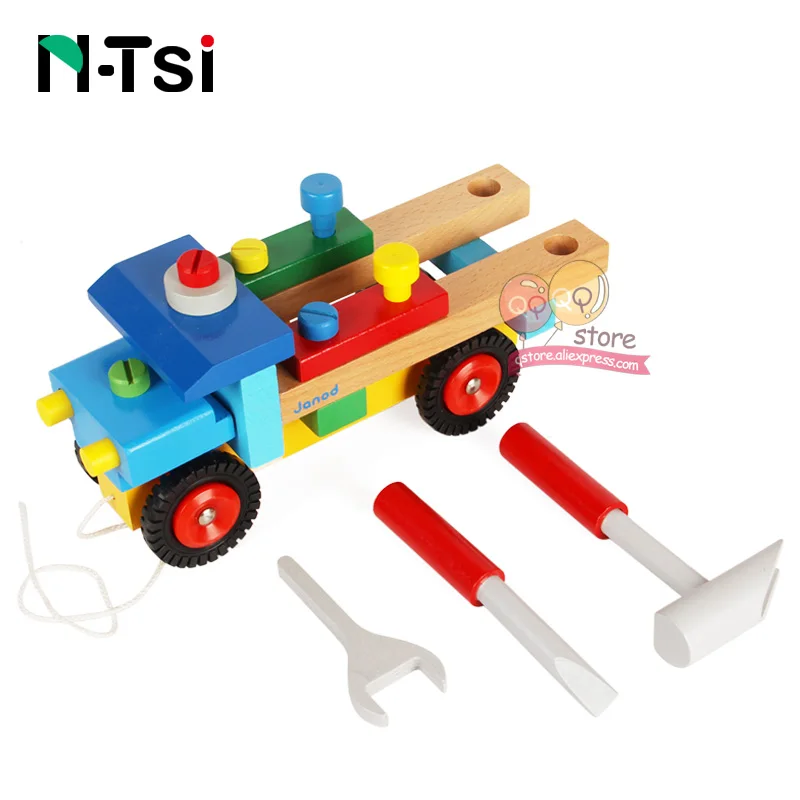 

N-Tsi 17PCS Kids Wooden Nuts and Bolts DIY Truck Builder Play Set Block Preschool Pull Car Toys for Children Boys Christmas Gift