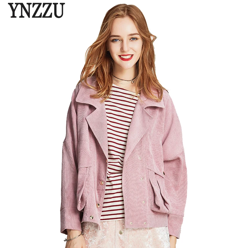

YNZZU High Quality Corduroy Jacket Women 2018 Spring Autumn Pink Turn-Down Collar Loose Female Jacket Coat casaco feminino YO531
