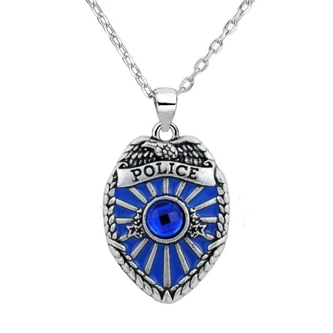 Antique Silver Plated Police Badge Pendant Policeman Blue Crystal Silver Chain Fashion Necklace