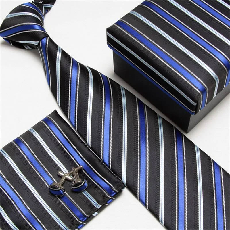 Mens Ties Pocket Square Cufflinks Set Striped Neck Tie Hanky Jacquard