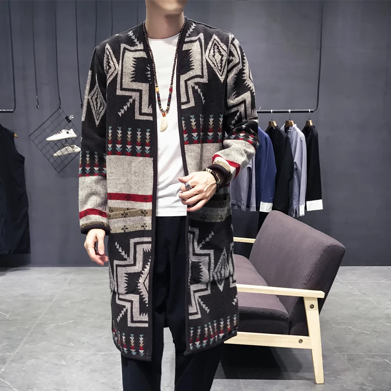 Spring Thin Knitting Trench Mens Printed Pocket Open Stitch Straight Casual Pattern Mens Trench Fashion