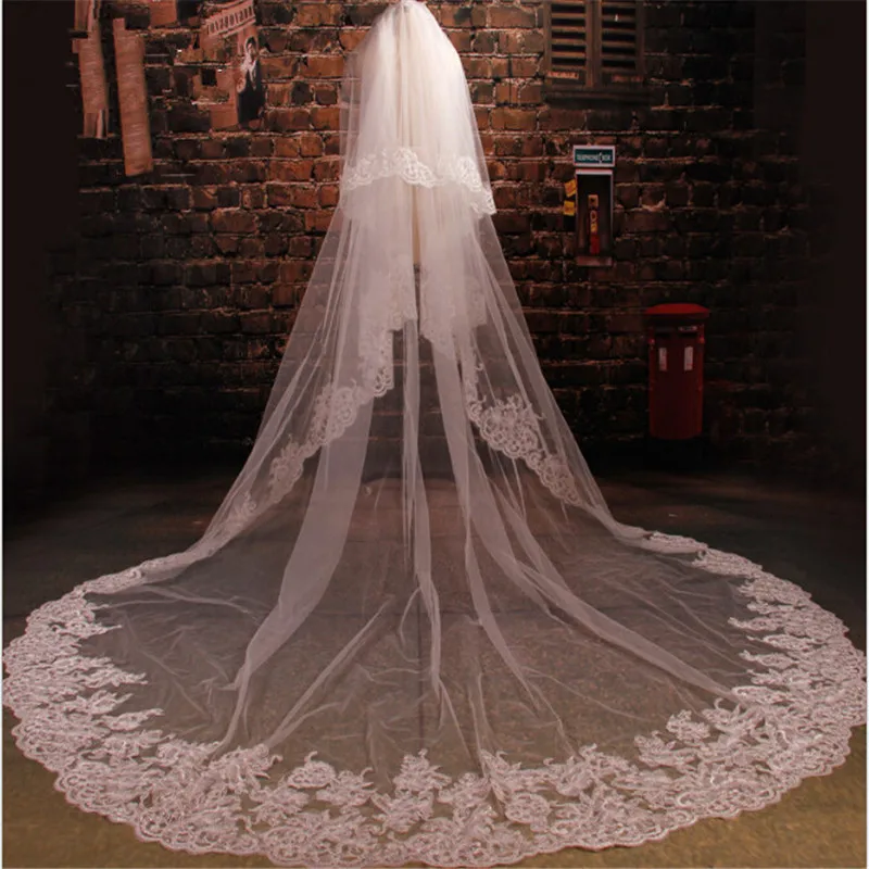 

Ivory 3.5M Length Three Meters Width 3.5m*3m Two Layer Sequins Lace Wedding Veil Long Bridal Veil