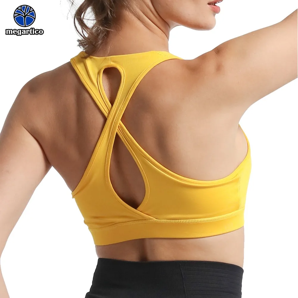 

Megartico yellow fitness bra women push up high quality seamless sports bra crisscross racerback yoga bra strappy tops