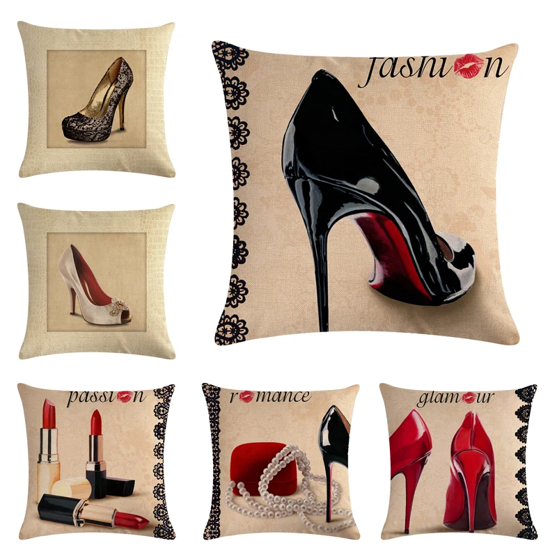 

Beautiful Shoes Decorative Cushion Cover Cotton Linen Square Throw Pillow Cover 45x45CM Pillow Case Home Office Car Sofa Decor