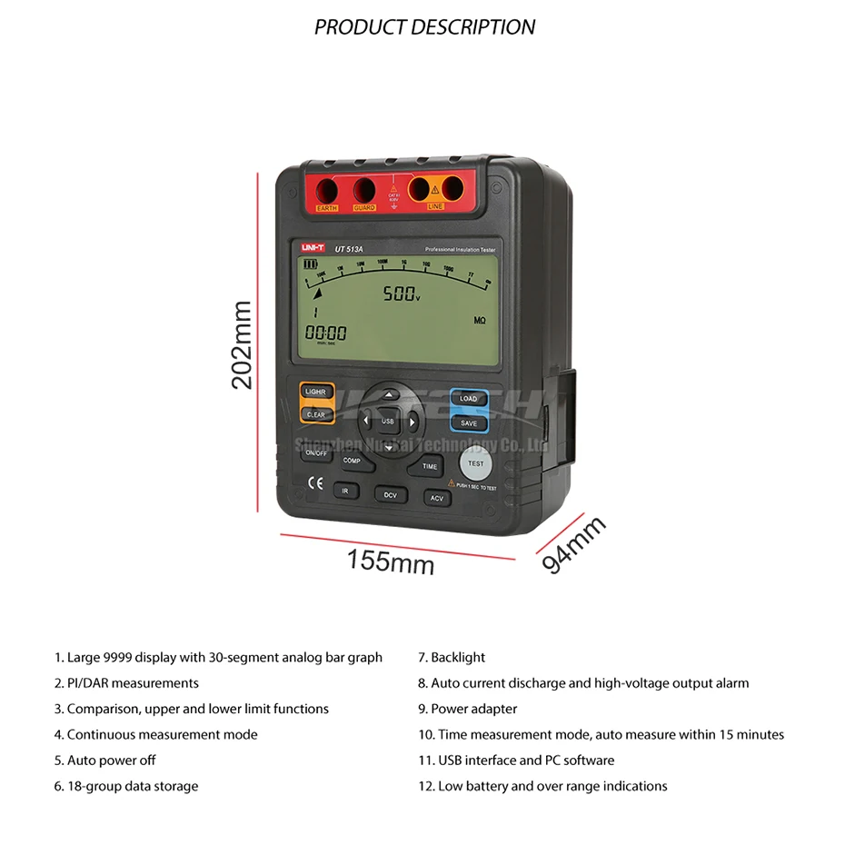 UNI-T UT513A 5KV Мегаомметр изоляции сопротивления заземления Тесты er Мегаомметр вольтметр регистратор данных Тесты вольт вторичного Дисплей