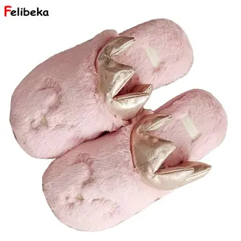 

FELIBEKA crown velvet indoor home slippers women shoes Embroidery smiling simple pantufa plush indoor slippers sapato feminino