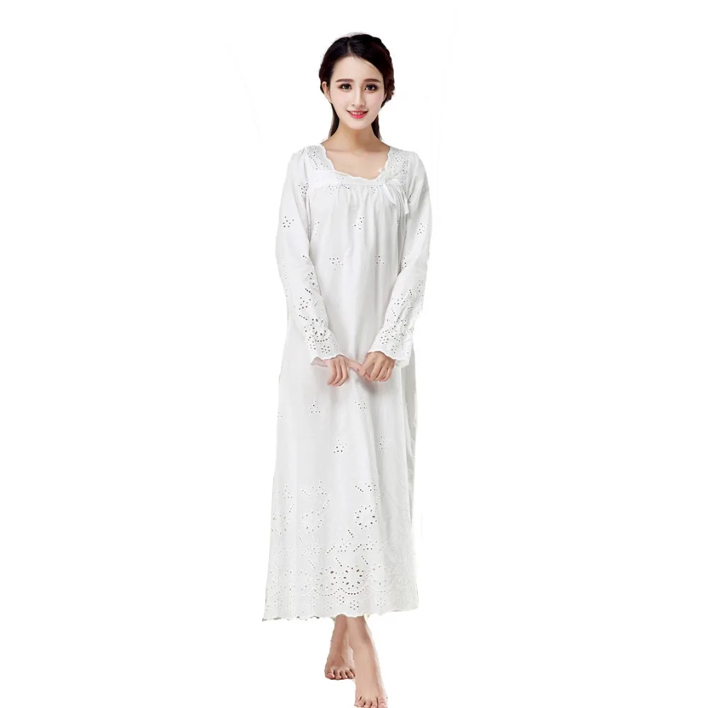 Palace Style Nightgown Women 100 Cotton Long Sleeve Embroidery Lengthen Sleepshirt Noblest