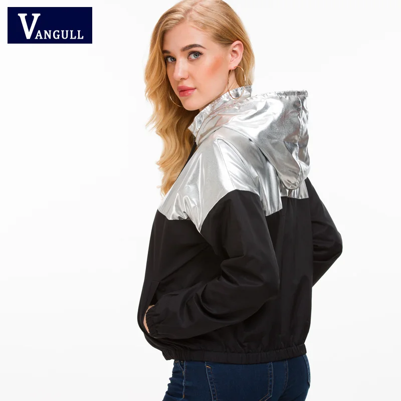 discounted  Vangull Patchwork Hooded Women Coat Casual Silver Black spliced Women Jacket Spring Autumn New Long