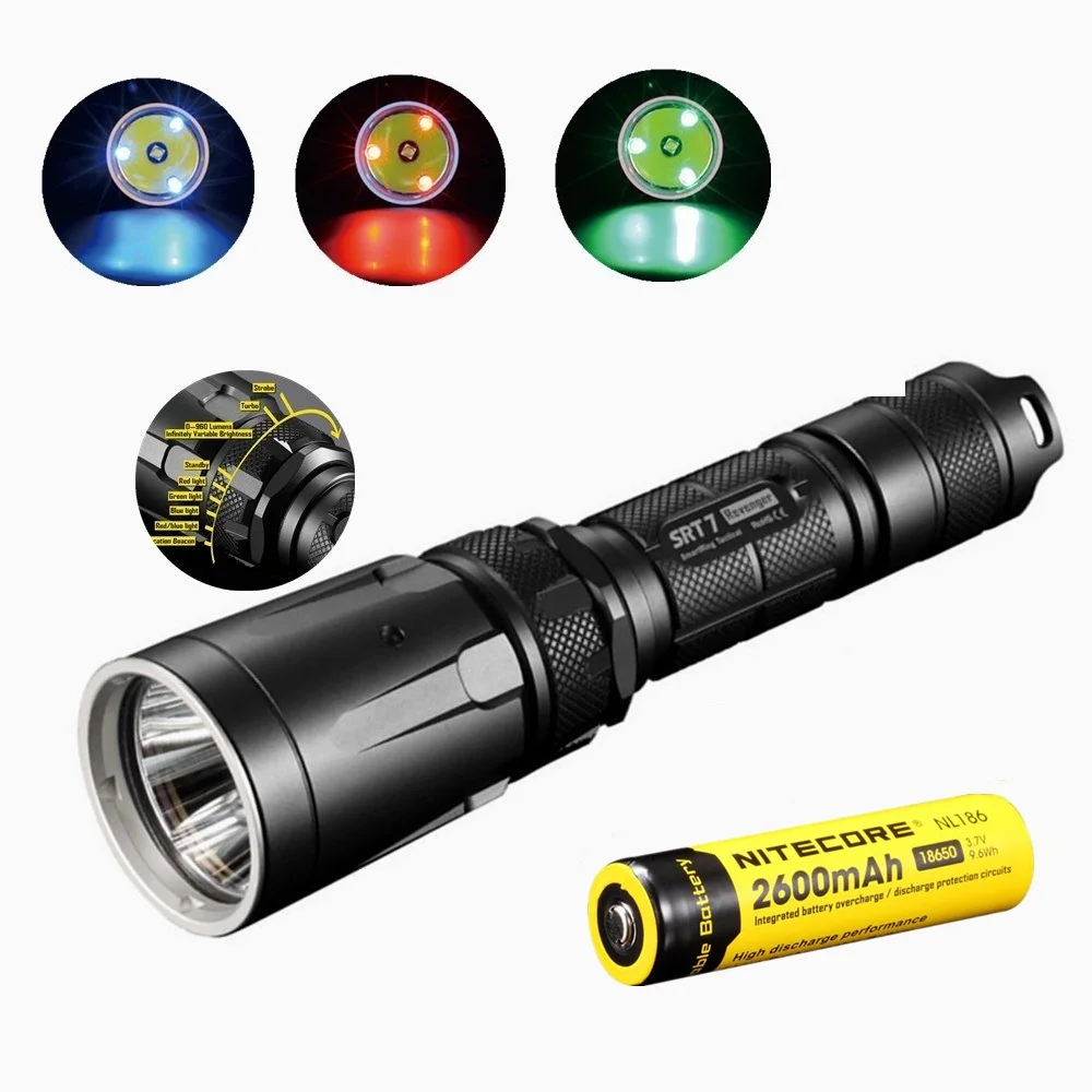 

NITECORE SRT7 Flashlight with nitecore NL186 18650 2600mah battery XM-L2 960LM Smart Selector Ring Search Torch green blue red