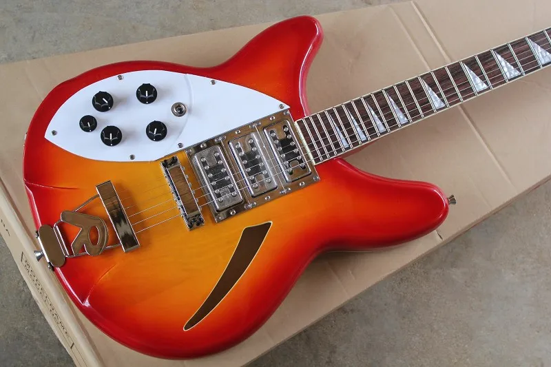 

left handed electric guitar rickenback 340 cherry red hollow body 3 pickups 6 strings rickenback jazz guitar
