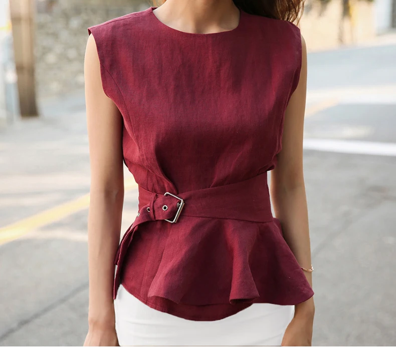 Женские модные рубашки с О-образным вырезом без рукавов с поясом баски Блузка шикарного размера плюс летние женские Топы сорочка Blusas высокое качество