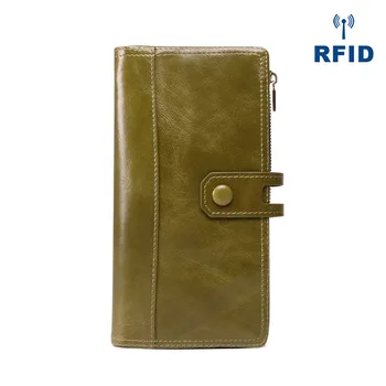 

Anti-theft Fashion Black Genuine Leather Lady Long Double Zipper Card Holder Rfid Bifold Wallet Mobile Phone Bag for Women