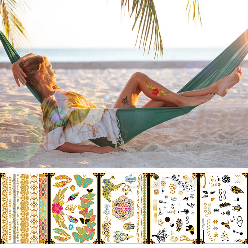 

2Pcs 120 Design Waterproof Temporary Tattoo Sticker Mandala Metallic Gold Golden Stickers Flash Fake Tattoos Fashion Flash