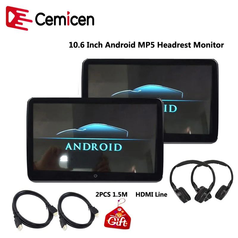 

Cemicen 10.6 Inch Car Headrest Monitor Android 6.0 1920*1080 HD 1080P Video IPS Touch Screen 3G WIFI USB/SD/HDMI/IR/FM/Bluetooth