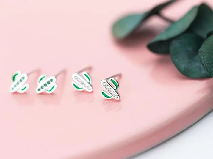 Серьги гвоздики в форме кактуса TINNY из серебра 925 пробы с зеленым цирконием AAA +