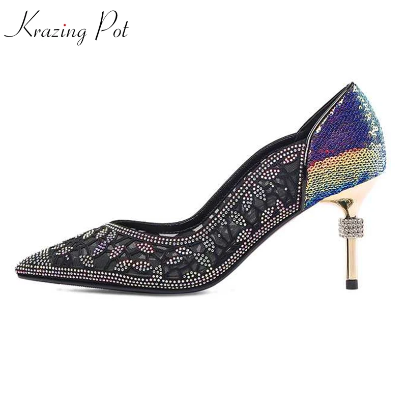 

Krazing Pot summer slip on bling sequined cloth metal design thin high heels streetwear model full of diamond summer pumps L23