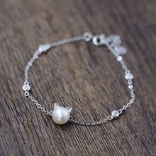 925 браслеты из стерлингового серебра для женщин девушка красивый милый кот голова Шарм натуральный пресноводный жемчуг браслет подарок на день рождения