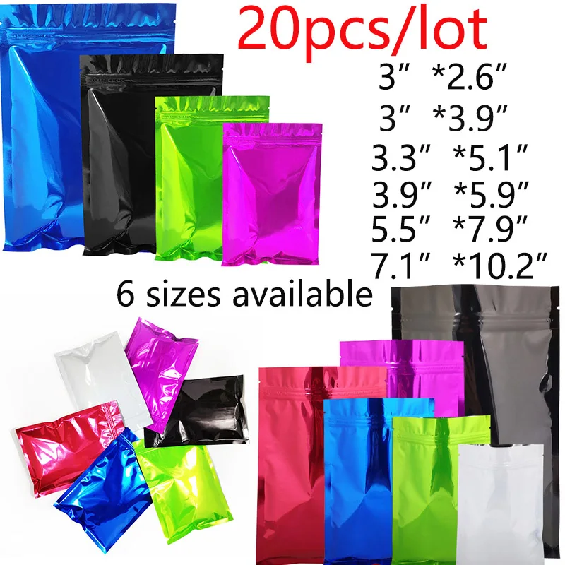 

6 Sizes 10 colours 20 Pcs Foil Packaging Zip Lock Food Mylar Bags Medical Coffee Smell Proof Package Heat Seal Reclosable Pouch