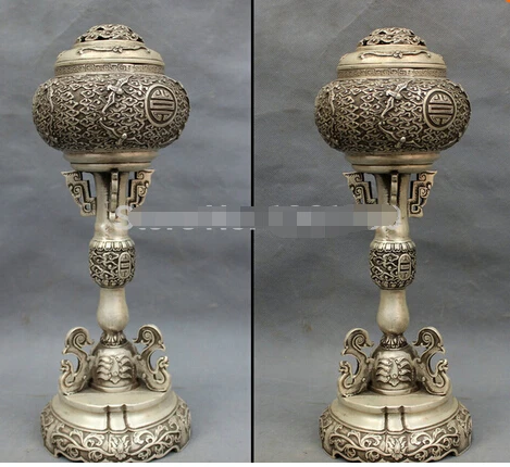 

0 13" Tibet Silver Fly BAT Dragon Head Statue Buddhism Up Incense Burner Censer