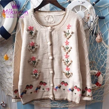 Японский Мори девушка сладкий крючком вышивка цветок вязаный свитер кардиган весна осень женский свитер пальто