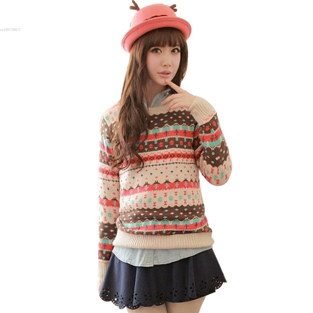 2014 New On Sale Lady Winter Sweater Women Slim O Neck argyle Print