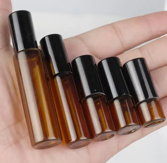 

100pcs/lot 1ML 2ML 3ML 5ML 10ML Glass Roll On Bottle Amber Thin Glass Roller Sample Vials Essential Oil Bottle with plastic cap