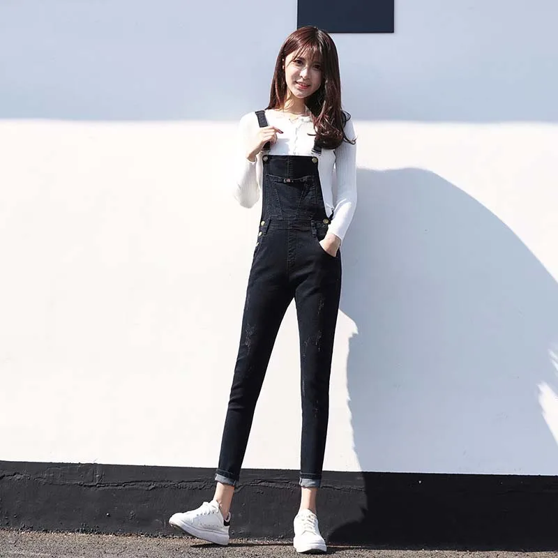 2017 European style cotton elastic slim women denim overalls high quality fashion all match scratched pencil