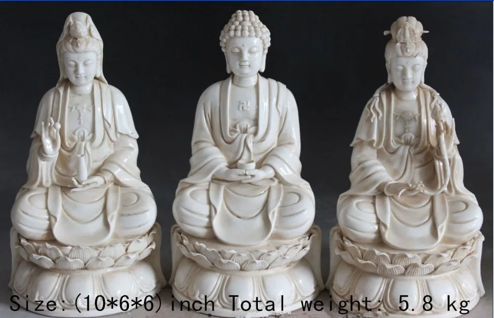 

25.4 cm * / 3 Pcs Elaborate Chinese Dehua white porcelain guanyin Buddha sakyamuni statues