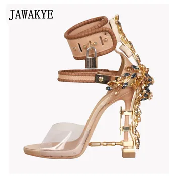 

Jeweled high Heels Gladiator Sandals Women Ankle Buckle Strap Lock PVC Clear Peep Toe Rhinestone Summer Shoes Sandalias mujer