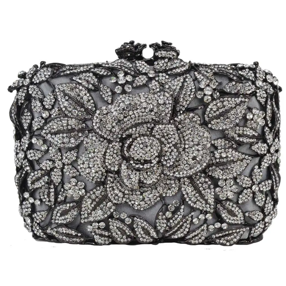 

Black Grey Flower Designer Diamond Crystal Bags swarovski Luxury Prom Evening Bags Ladies Wedding Handbags SC780
