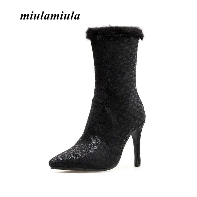 

Miulamiula Black Women Ankle Boots High Heels Quality PU Material Fluff Decoration Fashion Sexy Cute Banquet Heels Woman Shoes