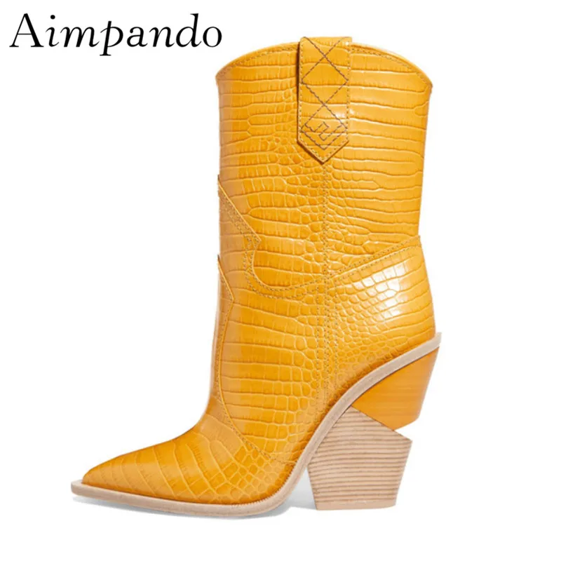 

New Autumn Winter Catwalk Mid Calf Boots Sexy Point Toe Cut Out Chunky Heel Geniune Leather Women Booties