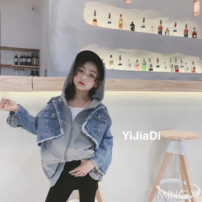 

2019 spring new children's clothing girls jacket children's denim two spring new hooded sweatershirt