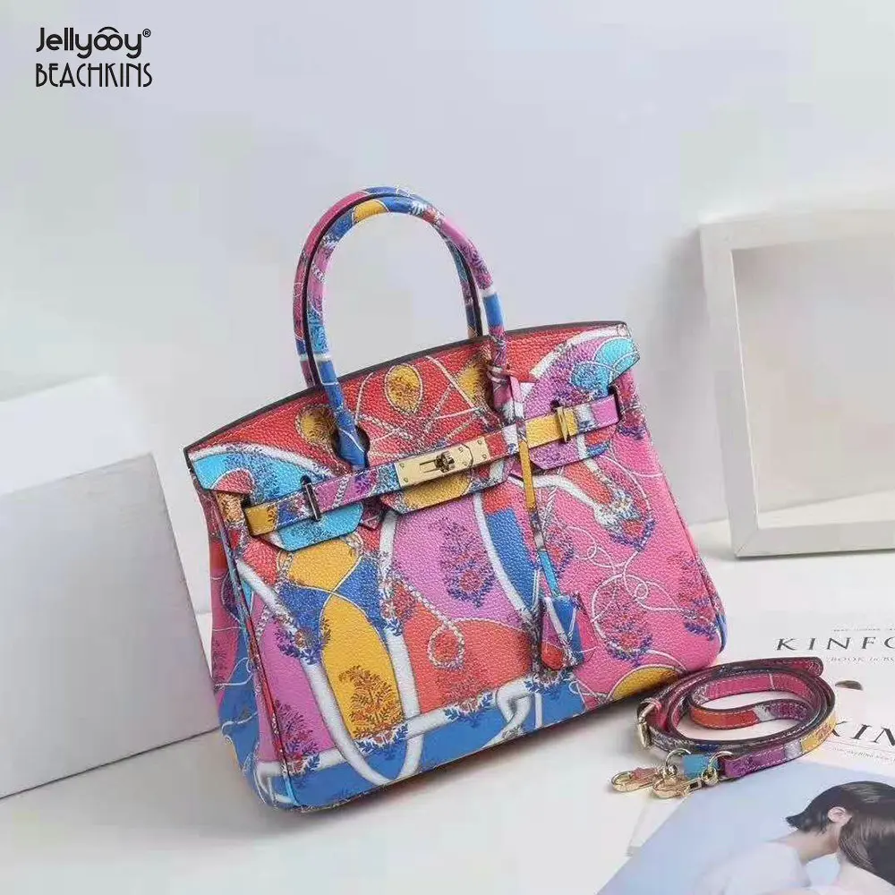

Jellyooy Beachkins Women's Padlock Flap Genuine Leather Handbags 30CM Full Colorful Printing Lichee Cow Leather Handbag