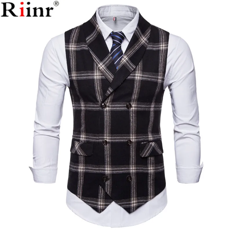 Ceny Riinr nowy klasyczny garnitur w kratę kamizelka mężczyźni Slim Fit podwójnie zapinana kamizelka kamizelka do męskiego stroju biznesowego ślubnego smokingu kamizelka kamizelka Homme