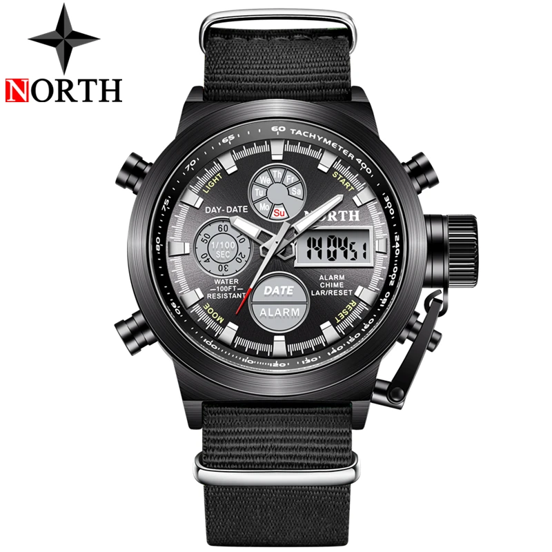 NORTH спортивные часы мужские военные кварцевые часы для мужчин аналоговые светодиодные цифровые кожаные нейлоновые мужские часы повседневные водонепроницаемые наручные часы