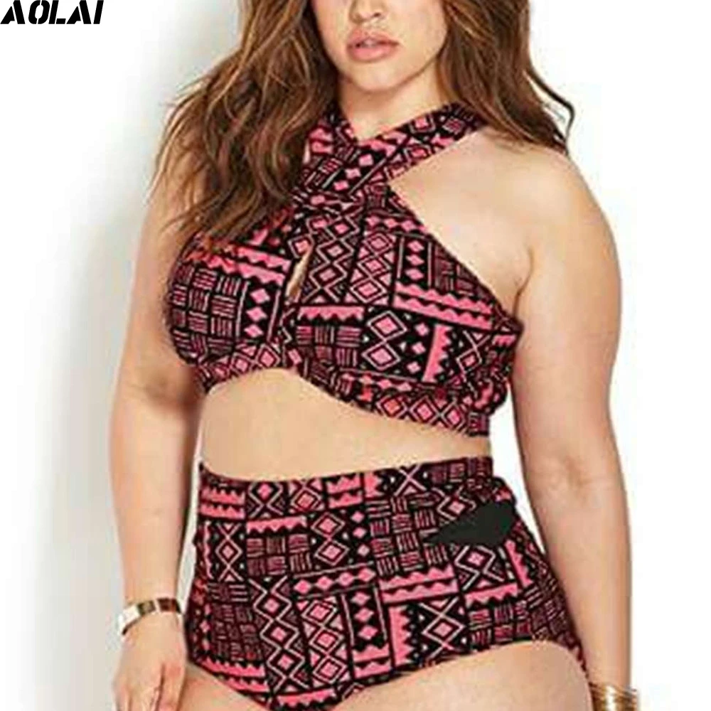 

Plus Size Two Piece Swimwear Women 2017 High Waist Swimsuit High Neck Tankini African Geometric Bikini Cut Out Bathing Suits
